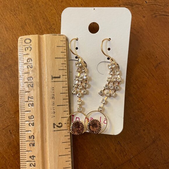 Dangling Goldtone Earrings With Clear and Brown Rhinestones by Jin Na La - Picture 6 of 6